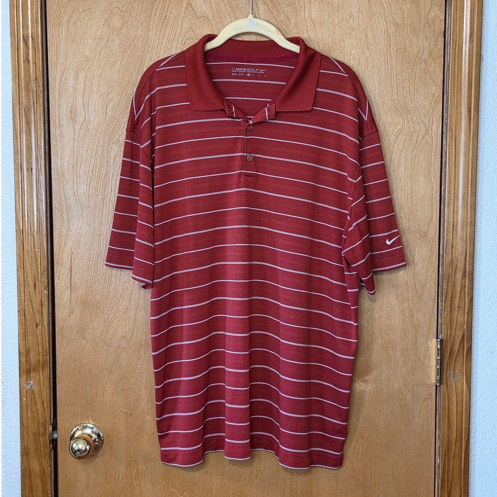 Nike Golf Dri-FIT Polo Shirt Mens XL Rust Red White Striped Short Sleeve